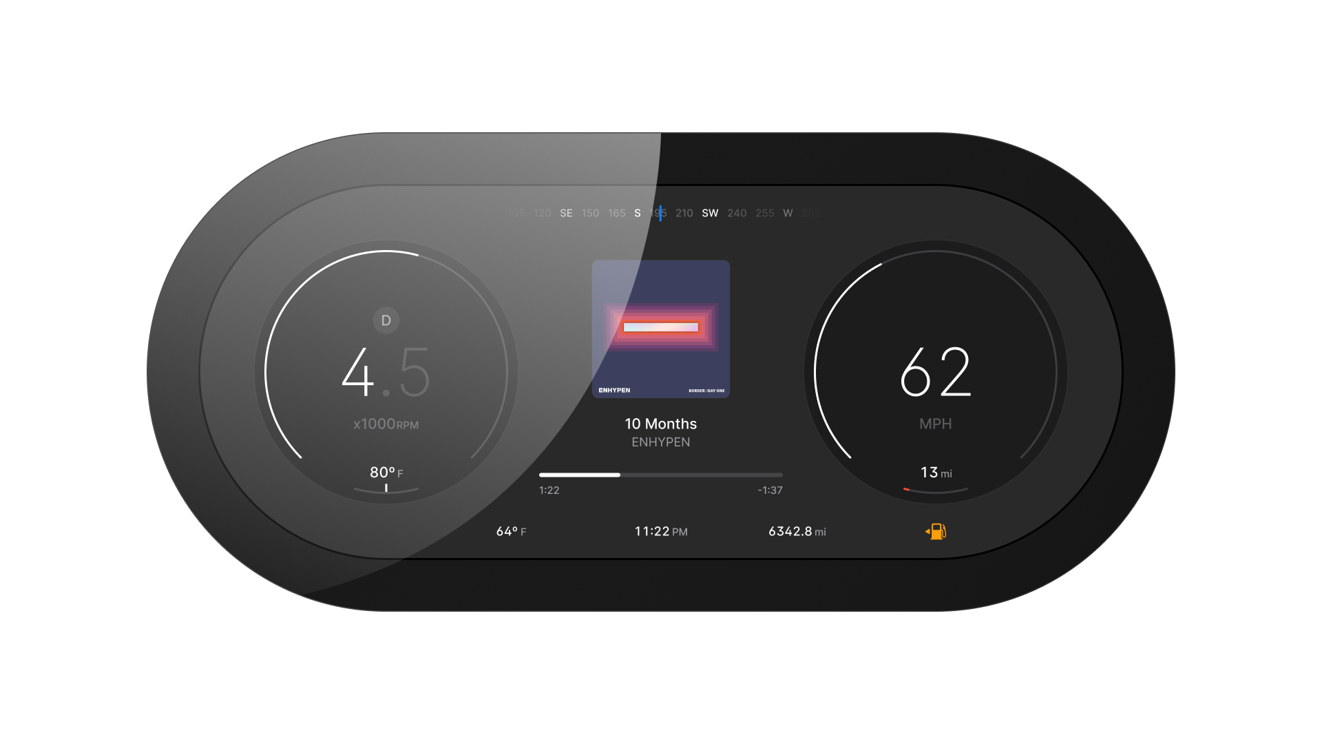 Night theme instrument cluster design in dark interior environment.