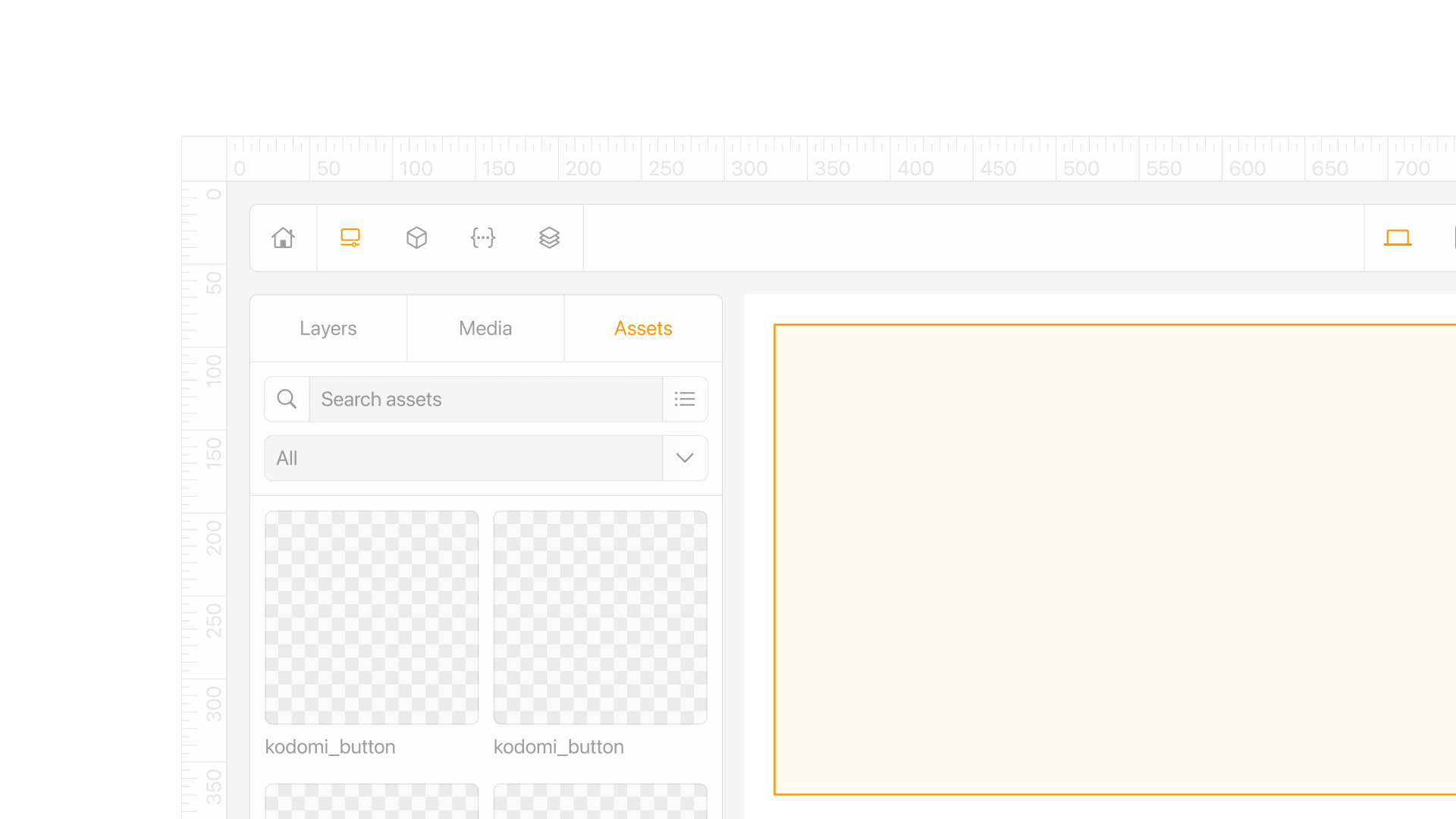 Assets tab open in the editor showing saved button components as thumbnails, next to a search field and an empty canvas