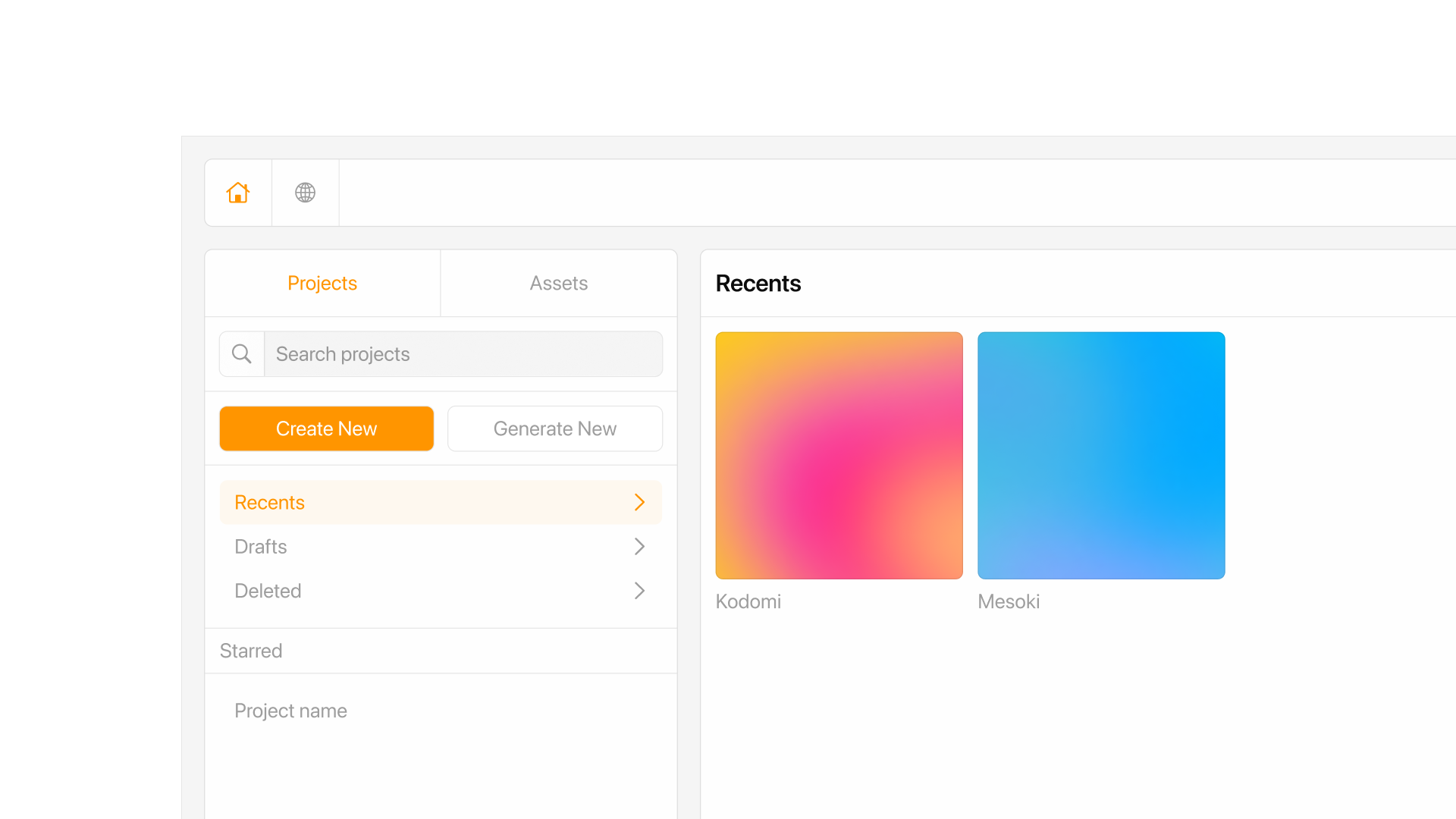 Kodomi projects dashboard showing recent files, including the Kodomi and Mesoki projects, opened from a shared workspace