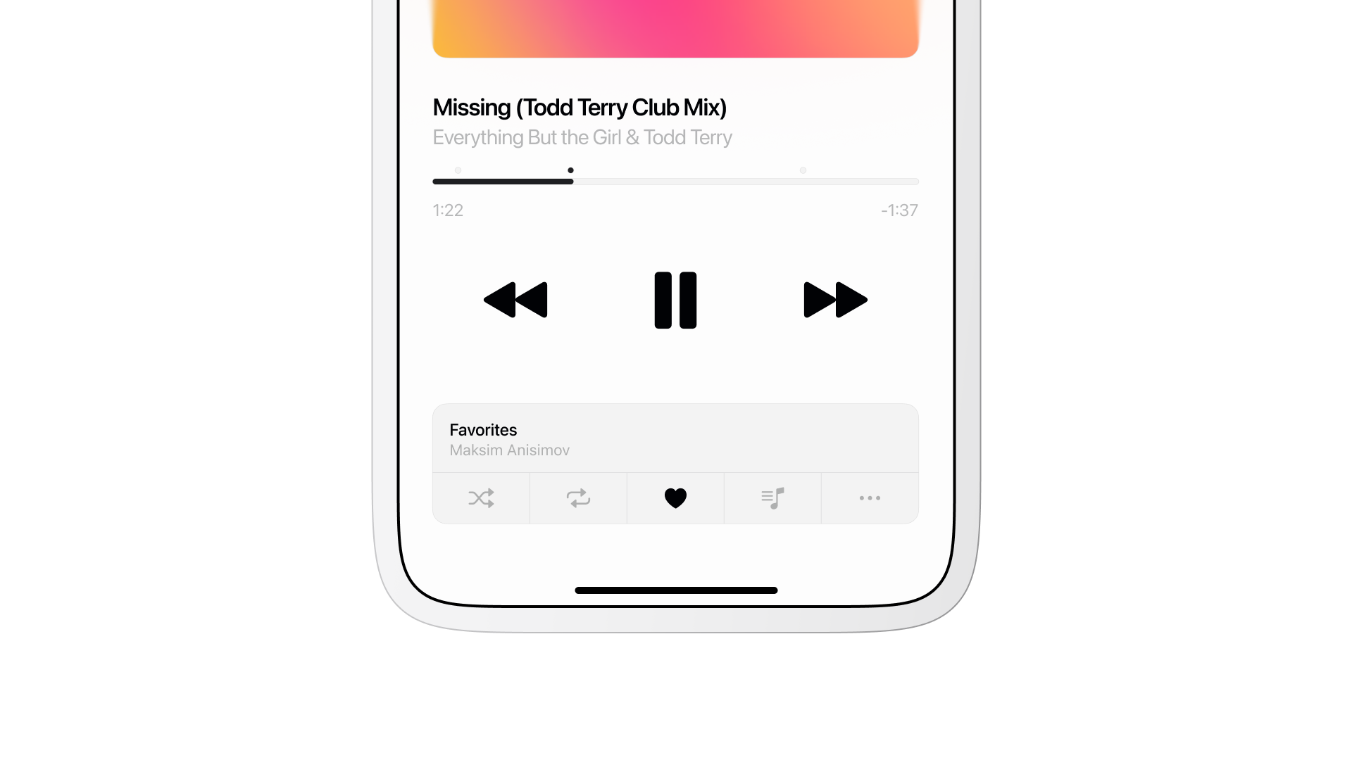 Now Playing screen showing the track title, a scrubber, playback controls, and the Favorites playlist row with shuffle, repeat, like, and queue actions