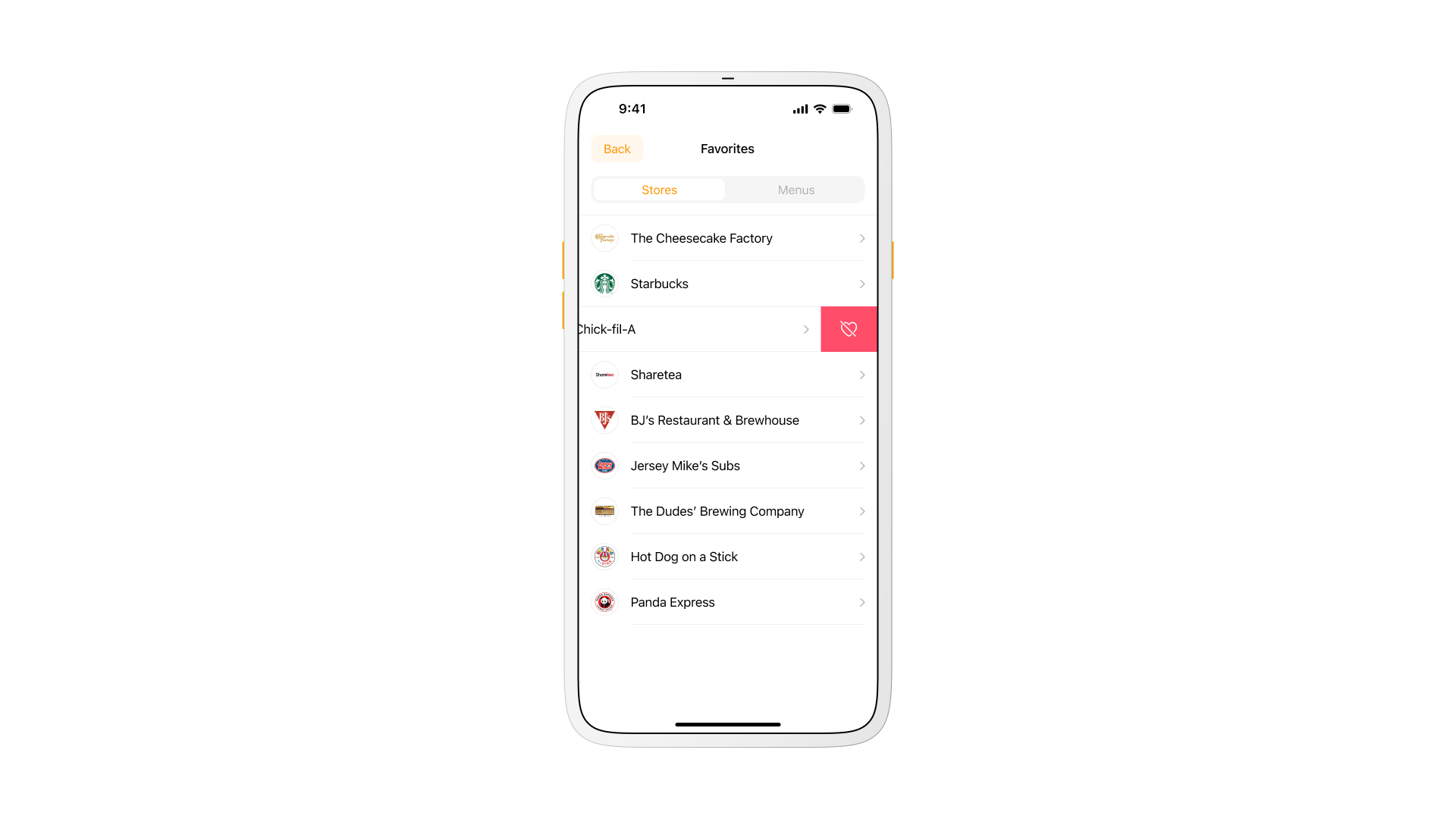 Favorites screen listing saved restaurants with a swipe action to remove one from the list