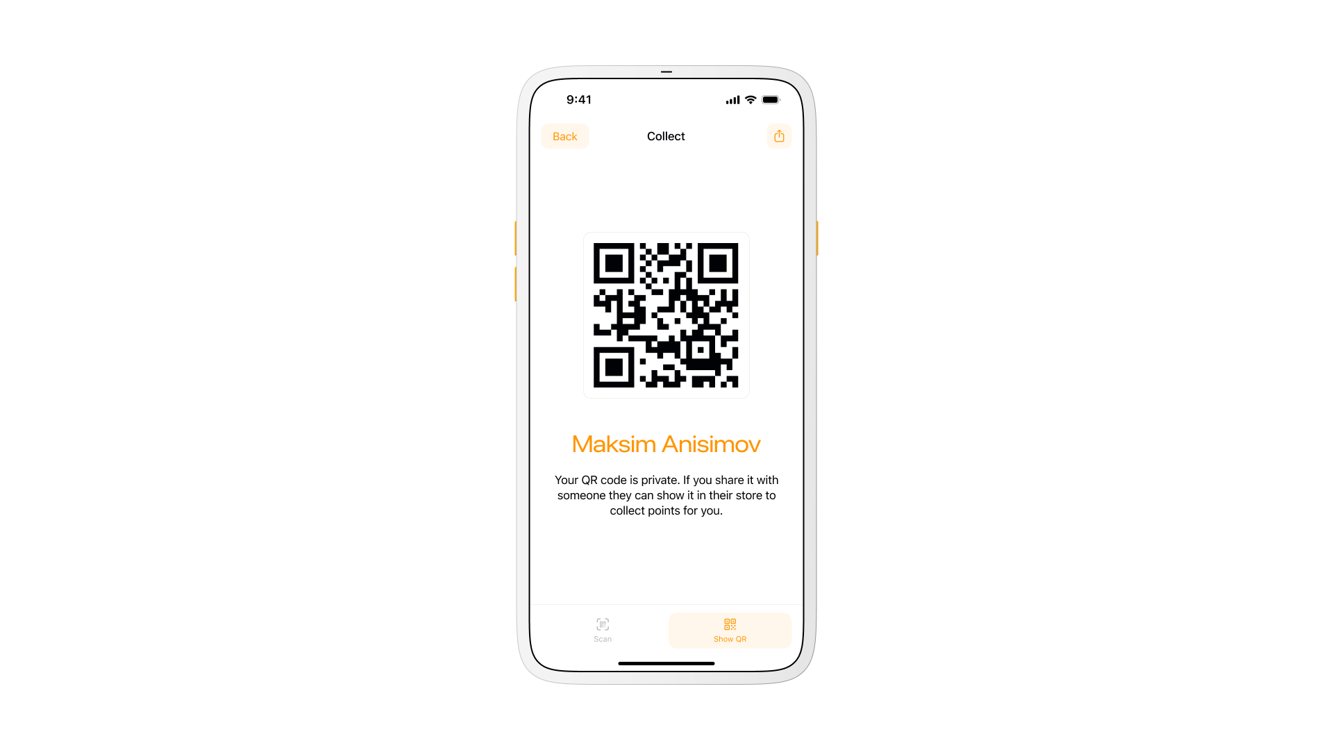 Personal QR code screen used to collect loyalty points in person, with a note that the code is private and can be shared to let someone else collect on the account holder's behalf